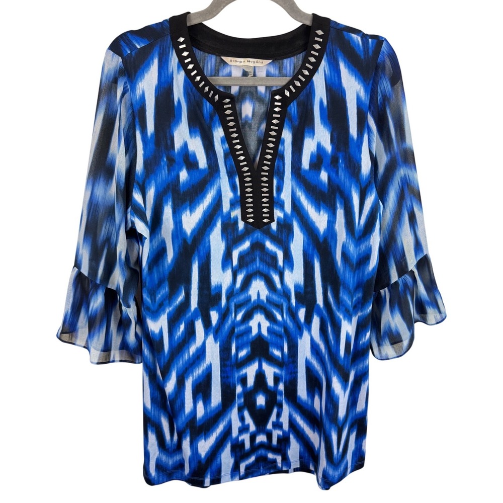 Bianca Nygard Womens Blue Ikat Print Studded V-Neck Ruffle 3/4 Sleeve Tunic Top